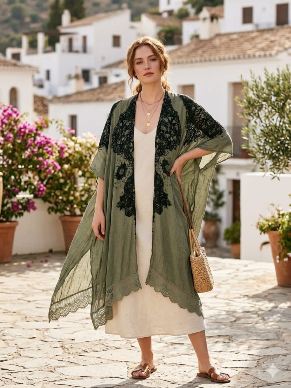 Olive Green Sheer Embroidered Kimono Swim Coverup